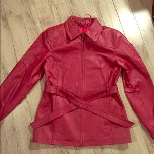 Leather belted zip up waist length jacket. RED.